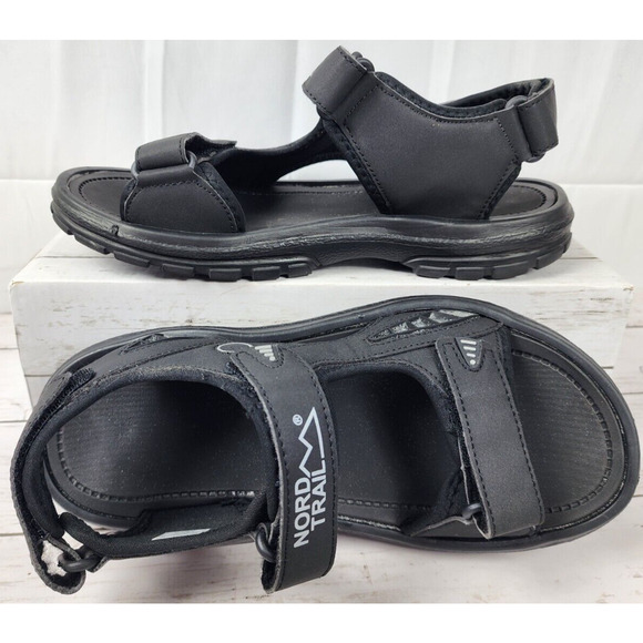 Nord Trail Open Toe, Dual Hook & Loop Strap Black Leather Sandal, Men Size 11M - Picture 1 of 11